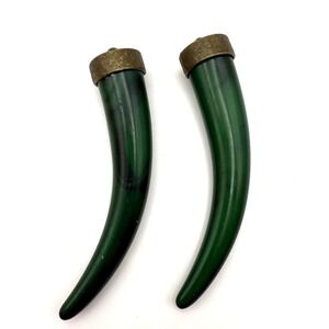 Vintage Green Faux Horn Pendant Necklace with Brass Accents – Set of 2